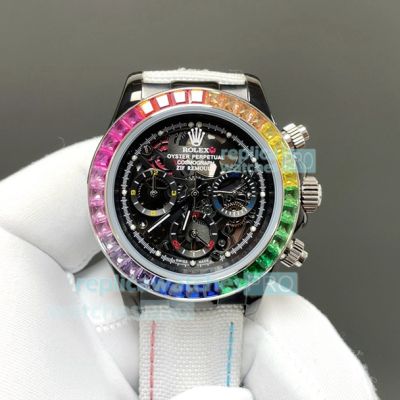 AAA Clone Rolex Rainbow Daytona Skeleton Dial Quartz Watch White Braided Strap 